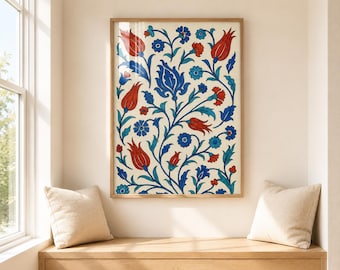 Botanical Wall Art, Turkish Iznik Print with Red Tulips and Blue Floral Details