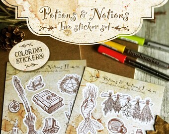 Witch Stickers / Potions & Notions / 2 Coloring Sticker Sheets by Marta Sarmiento