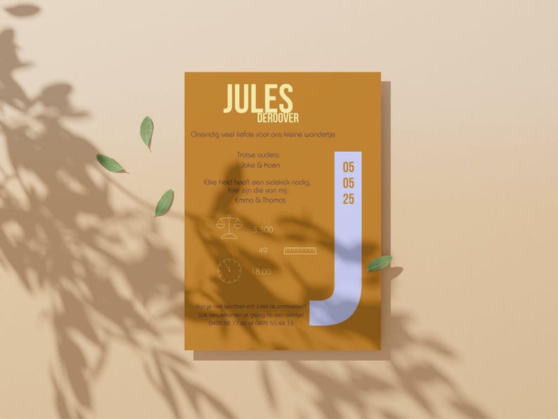 May include: A yellow and brown invitation card with the text "JULES DEROOVER" in a yellow font. The card announces a baby shower for Jules, with the date "05 05 25" and the time "18.00".