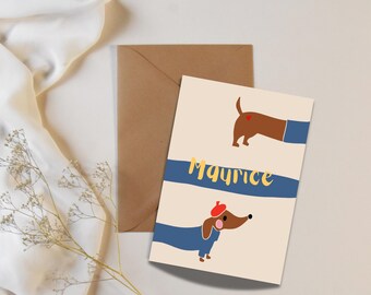 Geboortekaartje teckel voor jongen DIY geboorte ontwerp Canva aankondiging aanpasbaar geboortekaartje dachshund kleurontwerp lange hond