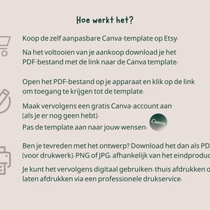 May include: A graphic with instructions on how to use a Canva template purchased on Etsy. The graphic includes icons of a shopping cart, a pencil, and a printer. The text reads: "How does it work? Buy the customizable Canva template on Etsy. After completing your purchase, download the PDF file with the link to the Canva template. Open the PDF file on your device and click on the link to access the template. Create a free Canva account (if you don't already have one). Customise the template to your liking. Are you happy with the design? Download it as a PDF (for printing), PNG or JPG, depending on the final product. You can then use it digitally, print it at home or have it printed by a professional printing service."