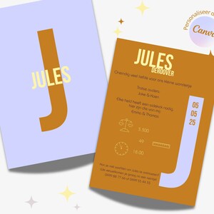 May include: A light blue and orange card with the name "Jules Dero&ouml;ver" in a yellow font. The card has a large orange letter "J" and the text "Oneindig veel liefde voor ons kleine wondertje" in a white font. The card also has the text "Trotse ouders Joke & Moen" and "Elke held heeft een sidekick nodig, hier zyn die von my Emma & Thomas".