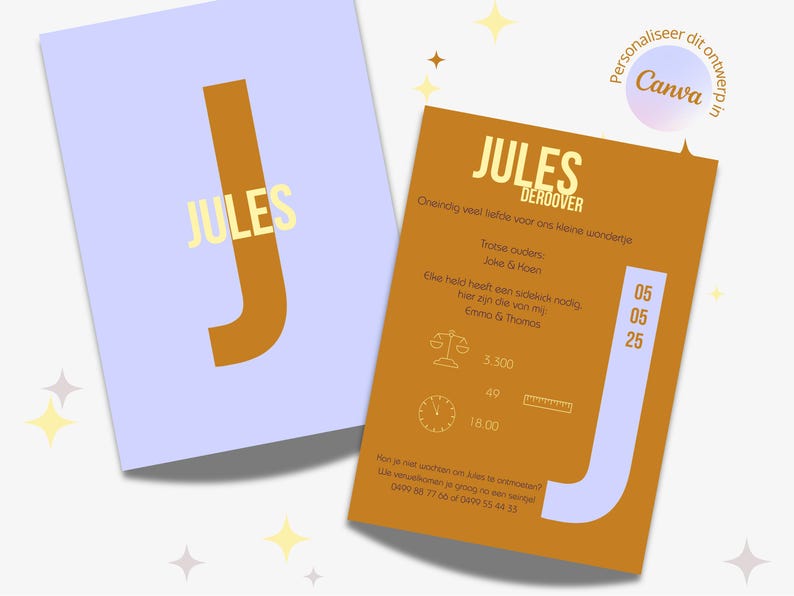 May include: A light blue and orange card with the name "Jules Dero&ouml;ver" in a yellow font. The card has a large orange letter "J" and the text "Oneindig veel liefde voor ons kleine wondertje" in a white font. The card also has the text "Trotse ouders Joke & Moen" and "Elke held heeft een sidekick nodig, hier zyn die von my Emma & Thomas".