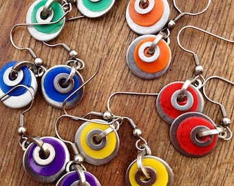 A pair of coloured Washer Earrings, Recycled Plastic, Red, Orange, Green, Yellow, Purple or Blue