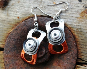 Orange Pull Tab Earrings, Rivets, Repurposed Hardware, Upcycled Ring-Pulls with Recycled Black Bike Inner Tube Rubber, Alternative,  Eco