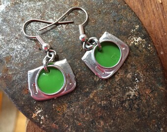 Bright Green Earrings, Recycled Ring Pull Earrings, Green Plastic Bottle Lid, Surgical Steel Earwires, Hypoallergenic, Ecofriendly Gift