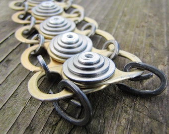 Chunky Gold Riveted Bracelet, Recycled, Eco Friendly, Gold colour Can-Pulls, Stainless Steel Washers, Hand Forged Steel Double Clasp closure