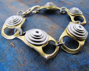 Recycled Riveted Gold Bracelet, Autumn Gold colour Can Pulls, layered Stainless Steel Washers and Pop Rivets, Quality Upcycled Wearable Eco