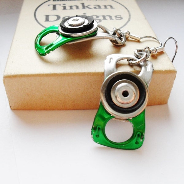Green Ring-Pull Earrings - Recycled Can Tabs, Black Rubber Inner Tube, Riveted Earrings, Eco Friendly Gift, Punk, Edgy, Quirky