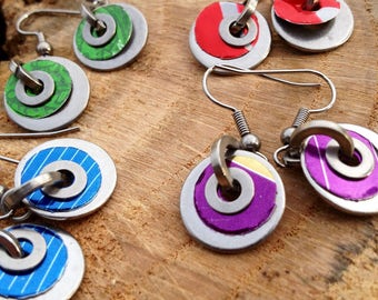 A Pair of Washer Earrings, choose your colour, Pink, Purple, Green, Blue, Red, Stainless Steel Washers, and Aluminium Drinks Cans, Recycled