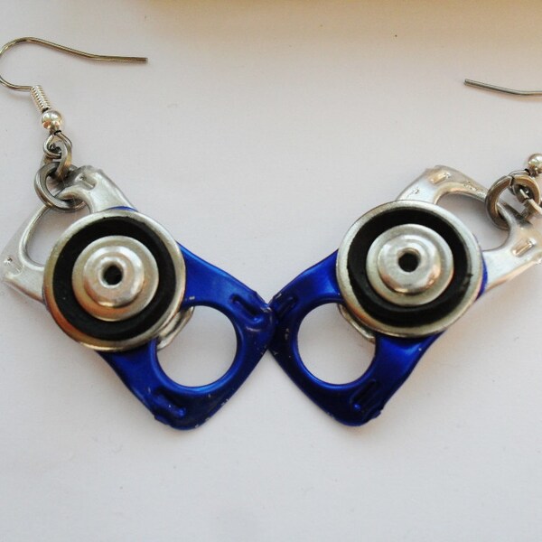 Recycled Can Pull Earrings - Blue and Silver, with Black rubber inner tube