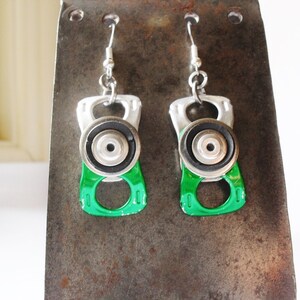 Green Ring-Pull Earrings Recycled Can Tabs, Black Rubber Inner Tube, Riveted Earrings, Eco Friendly Gift, Punk, Edgy, Quirky image 4
