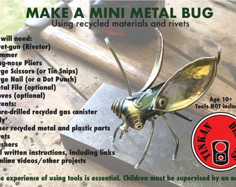 Make a Mini Metal Bug, DIY Craft Kit, Metalwork, Age 10+, Learn to Rivet. Recycled Components, Rivets, Full Instructions Included.