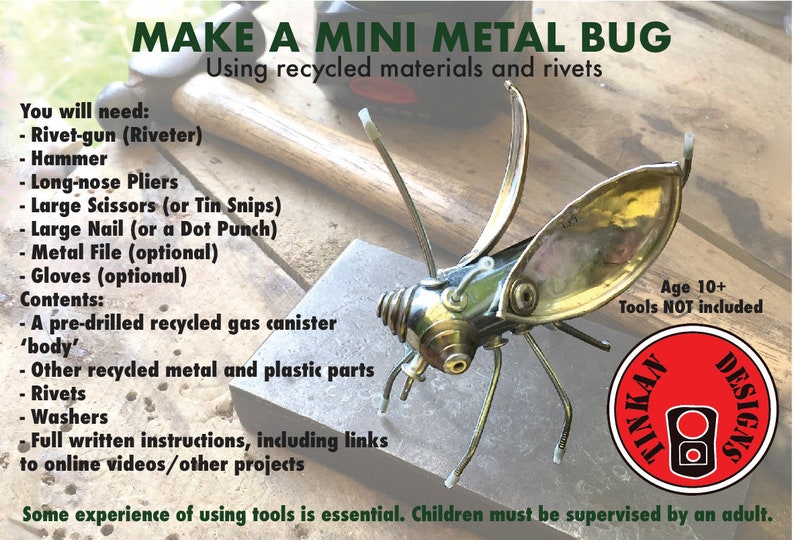 Make a Mini Metal Bug, DIY Craft Kit, Metalwork, Age 10, Learn to Rivet. Recycled Components, Rivets, Full Instructions Included. image 1