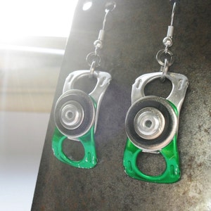 Green Ring-Pull Earrings Recycled Can Tabs, Black Rubber Inner Tube, Riveted Earrings, Eco Friendly Gift, Punk, Edgy, Quirky image 2