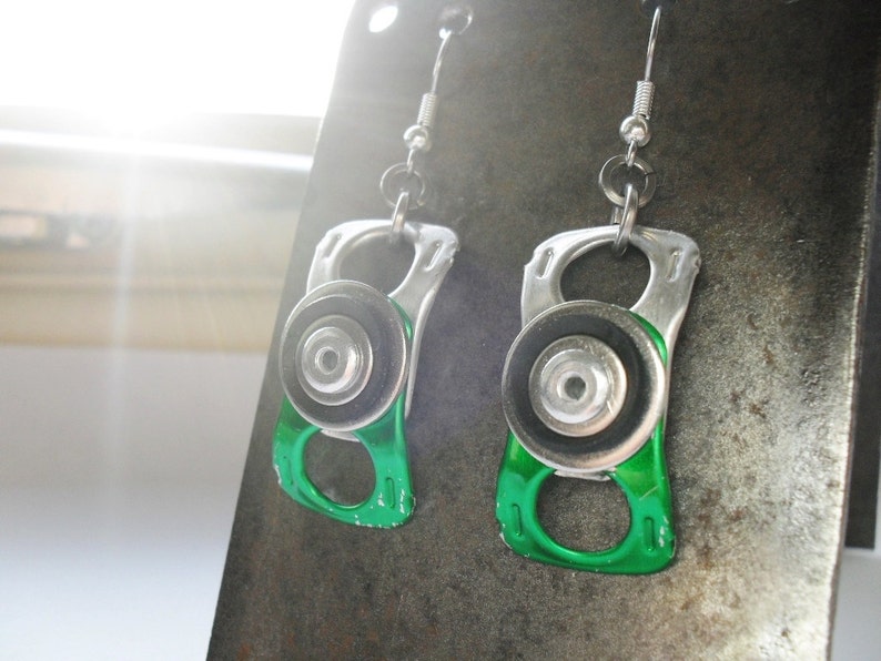 Green Ring-Pull Earrings Recycled Can Tabs, Black Rubber Inner Tube, Riveted Earrings, Eco Friendly Gift, Punk, Edgy, Quirky image 2