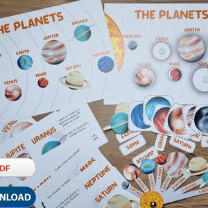 Ensemble d'activités sur le système solaire durable Signets Planètes Affiches à découper et coller Cartes d'informations sur les planètes Jeux d'association Roue des planètes