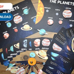 Pianeti del sistema solare e segnalibri Montesorri Flash Card stampabili per la scuola materna Schede didattiche per l'apprendimento dei pianeti Ruota dei pianeti
