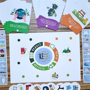 Earth Daystreifen Arbeitsblatt Reduzieren Wiederverwendung Recycle Recycling Sortieren Spiel- und Diskussionskarten Druckbare PDF-Datei für Kinder Karteikarten