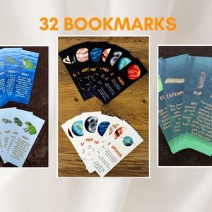 Puede incluir: Un conjunto de 32 marcadores coloridos con imágenes de planetas, ranas y mariposas. Los marcadores incluyen texto sobre los planetas y el ciclo de vida de una mariposa.