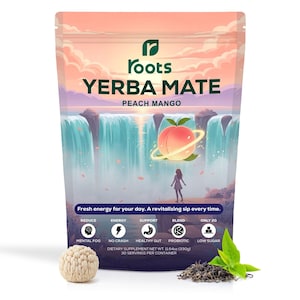 Może przedstawiać: Saszetka Roots Yerba Mate Peach Mango. Opakowanie zawiera ilustrację brzoskwini i wodospadu. Tekst zawiera "Fresh energy for your day. A revitalizing sip every time." oraz informacje o wartości odżywczej.
