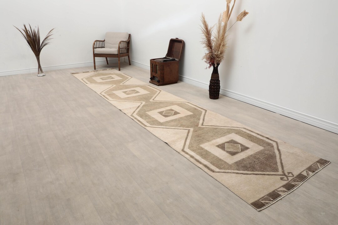 3x15 Oriental Extra Long Carpet, Vintage Turkish Geometric Beige Brown ...