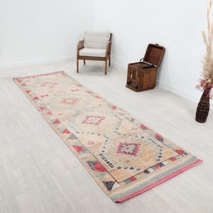 3x11 Pink Red Black Turkish Vintage Runner, 3x11 Bohemian Style Handmade Rug, Herki Wool Rug, Antique Faded Runner, Hallway Rug, 3,4x11,3 Ft