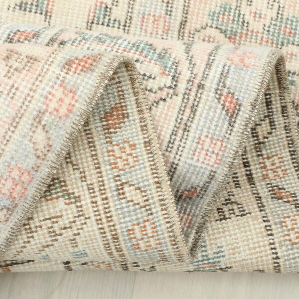 Floral Hand-Knotted Faded Handwoven Oushak 6x9 Turkish Area Wool Rug: 5.6x8.6 ft, Neutral Pastel Pink Blue Beige Rug,Bedroom Living Room Rug
