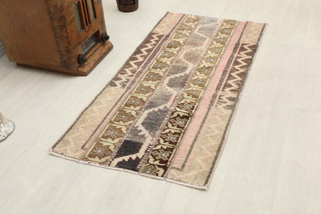 2x4 Ft Geometric Pink Vintage Etnic Mini Rug, Oushak Small Rug, Hand ...