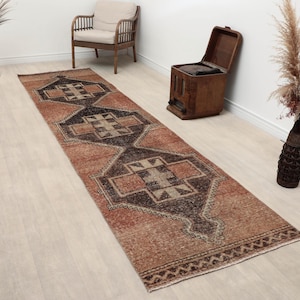 3x12 Ft Red Brown Turkish Vintage Runner, Bohemian Style Handmade Rug, Wool Rug, Faded Runner, Hallway Runner, Corridor Runner, 3.0x11.6 Ft