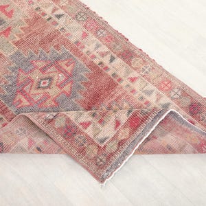 3x13 Ft Pink Purple Herki Turkish Runner, Bohemian Neutral Pale Wool Runner Rug, 3x13 Vintage Kitchen Hallway Rug, Entryway Rug 2,9x12,7  Ft