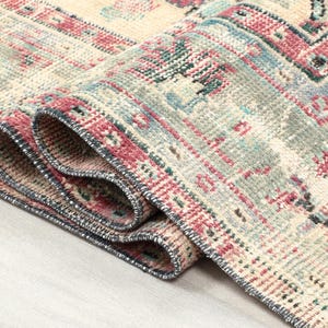 Tappeto naturale sbiadito 7x9, tappeto beige blu rosso, tappeto Oushak, grande tappeto turco, tappeto vintage, grande tappeto 7x9, tappeto da soggiorno, tappeto di lana unico