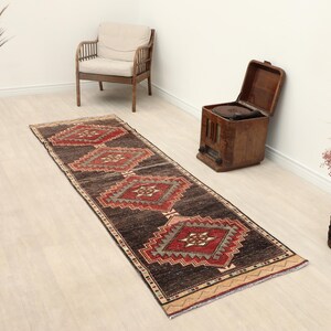 3x9 Vintage Black Red Runner, Soft Handwoven Wool Rug, 3x9 Ft Oushak Runner, Turkish Faded Runner, Anatolian Runner, Hallway Entryway Runner