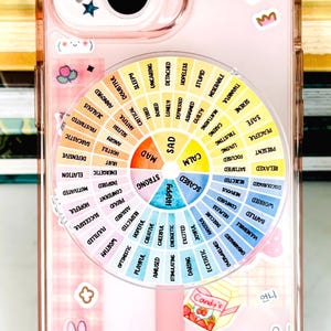May include: A clear pink phone case with a colorful emotion wheel design. The case features a bow, star, and bunny stickers. The wheel displays various emotions like "happy," "sad," and "mad." The case is designed to fit a smartphone.