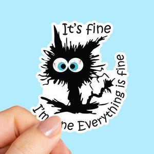 May include: A sticker featuring a distressed black cat with wide blue eyes. The text "It's fine" is above the cat, and "I'm fine Everything is fine" is around the cat. The sticker is held by a hand against a light blue background.