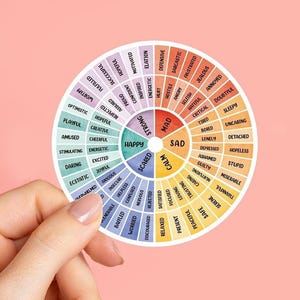 May include: A round sticker featuring a color-coded emotion wheel, held by a hand against a pink background. The wheel displays various feelings like "happy," "sad," and "mad," with associated emotions in different colors. The sticker is a tool for emotional awareness.