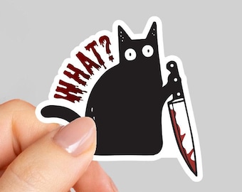 Killer cat sticker, Cat with knife sticker, Black cat sticker, Murder cat sticker, Funny sticker, Water bottle sticker, Laptop Sticker