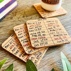 Library Date Due Coaster, Set of 4, Bookworm Gift, Teacher Present, Book Lovers Coaster, Bookshelf Gift, Book Club Gift, Bookish Coaster Set image 2