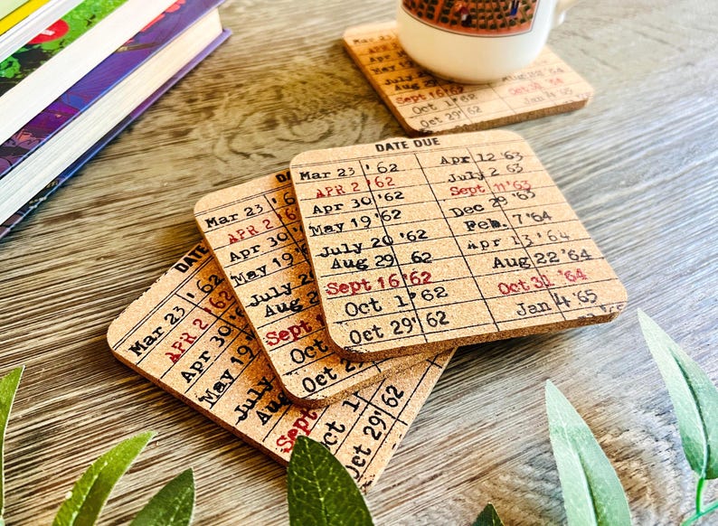 Library Date Due Coaster, Set of 4, Bookworm Gift, Teacher Present, Book Lovers Coaster, Bookshelf Gift, Book Club Gift, Bookish Coaster Set image 2