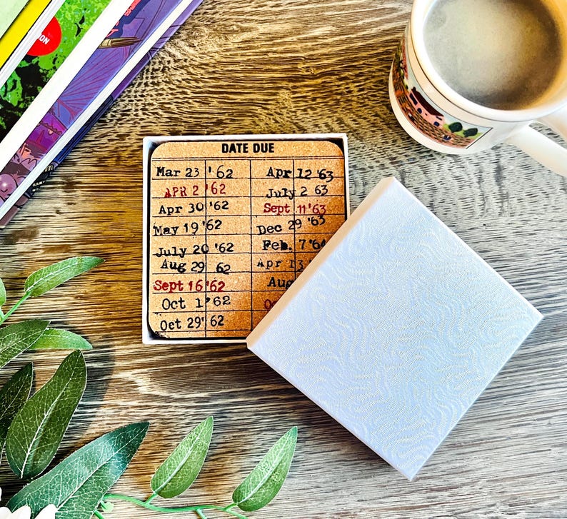 Library Date Due Coaster, Set of 4, Bookworm Gift, Teacher Present, Book Lovers Coaster, Bookshelf Gift, Book Club Gift, Bookish Coaster Set image 3
