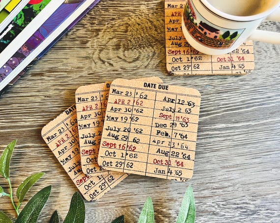 Library Date Due Coaster, Set of 4, Bookworm Gift, Teacher Present, Book Lovers Coaster, Bookshelf Gift, Book Club Gift, Bookish Coaster Set