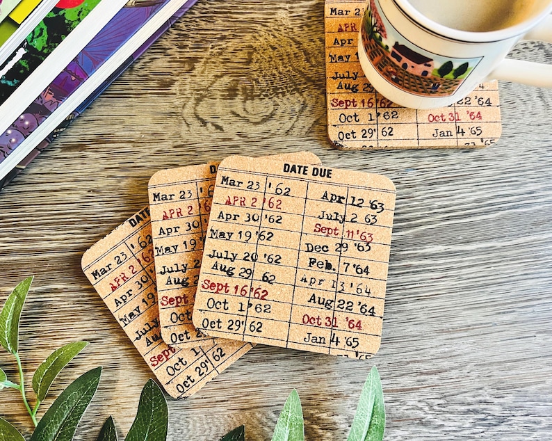 Library Date Due Coaster, Set of 4, Bookworm Gift, Teacher Present, Book Lovers Coaster, Bookshelf Gift, Book Club Gift, Bookish Coaster Set image 1