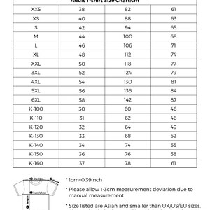 May include: A size chart for adult t-shirts with measurements in centimeters for shoulder, bust, and length. The chart includes sizes from XXS to 6XL and K-100 to K-160. The chart also includes a note that measurements may vary by 1-3 cm due to manual measurement and that sizes are Asian and smaller than UK/US/EU sizes.