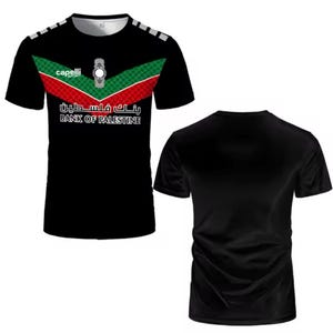 May include: Black short-sleeved t-shirt with a red, white, and green design. The shirt has the text "Bank of Palestine" and "capelli" on it.