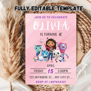 Editable Gabby Doll House Birthday Invitation Template / Editable Kids Birthday Invitation Template / Gabby&#39;s Doll House Birthday Invitation