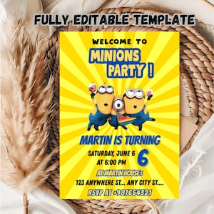 Editable Minions Birthday Party Invitation Template / Minion Birthday Invitation For Kids / Kids Birthday party Invitation Template