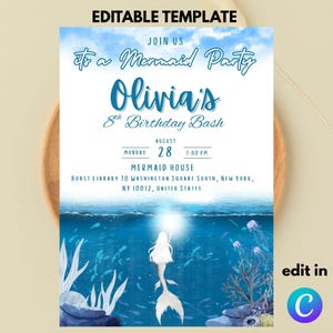 Editable Mermaid Birthday Invitation Template / Mermaid Birthday Party Invitation Template / olivias Mermaid Birthday Invitation