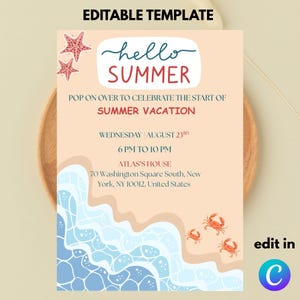 Editable Summer party Invitation Template / Hello summer Hello Pool Bye Bye School party Invitation Template / Kids Favorite vacation invite