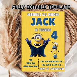 Minions Birthday Invitation Template For Kids / Kids Birthday Invitation Template  / Editable Minions Birthday invitation Template