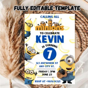 Sjabloon voor uitnodiging verjaardagsfeestje minions bewerkbaar voor kinderen / sjabloon voor uitnodiging minion-feestje voor kinderen / Uitnodiging verjaardagsfeestje kinderen